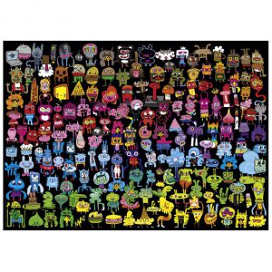Puzzle 1000 peças do artista Burgerman com o fundo preto e com imensas criaturas desenhadas, muito coloridas.