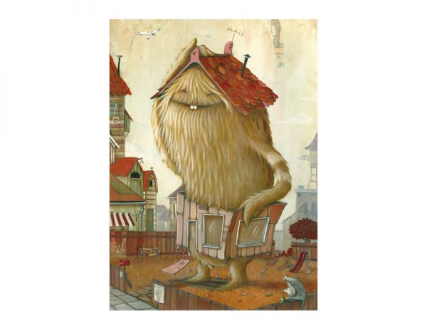 Puzzle Zozoville de 1000 peças de um monstro castanho segura uma fachada de uma casa de madeira à volta da cintura e um telhado na cabeça.