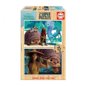 Pack 2 puzzles de 25 peças cada para criança em madeira do filme Disney Raya e o último dragão.
