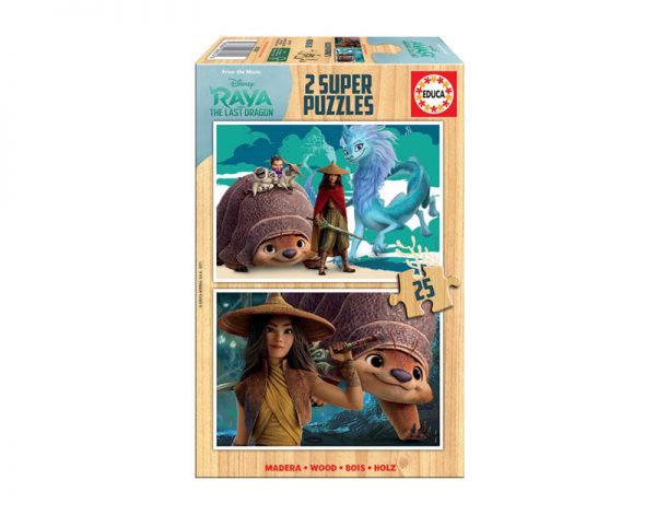 Pack 2 puzzles de 25 peças cada para criança em madeira do filme Disney Raya e o último dragão.