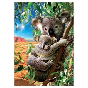 Puzzle 500 peças da marca EDUCA fotografia da mãe coala a segurar o seu bebé enquanto se agarra a um tronco.