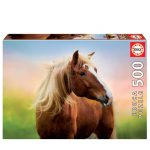 Puzzle 500 peças da marca Educa de uma bonita fotografia de um cavalo com um nascer do sol como fundo.