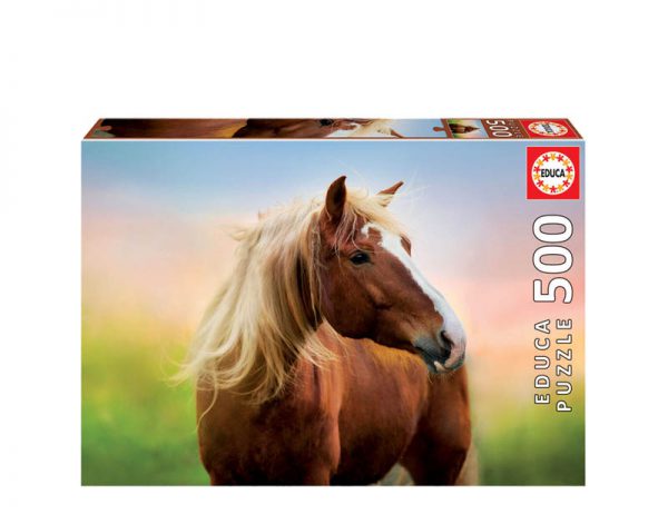 Puzzle 500 peças da marca Educa de uma bonita fotografia de um cavalo com um nascer do sol como fundo.