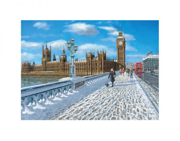 Puzzle 1000 Peças da Clementoni com uma paisagem de Londres coberta de neve enquanto uma senhora passeia um cão e o autocarro vermelho segue viagem.