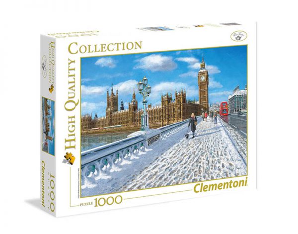 Puzzle 1000 Peças da Clementoni com uma paisagem de Londres coberta de neve enquanto uma senhora passeia um cão e o autocarro vermelho segue viagem.