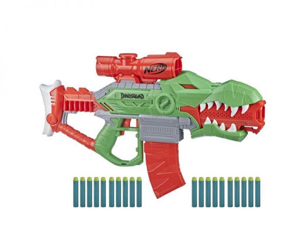 Nerf DinoSquad Rex-Rampage da Hasbro de cor verde e laranja que lança dardos de espuma