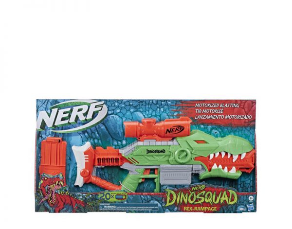 Nerf DinoSquad Rex-Rampage da Hasbro de cor verde e laranja que lança dardos de espuma